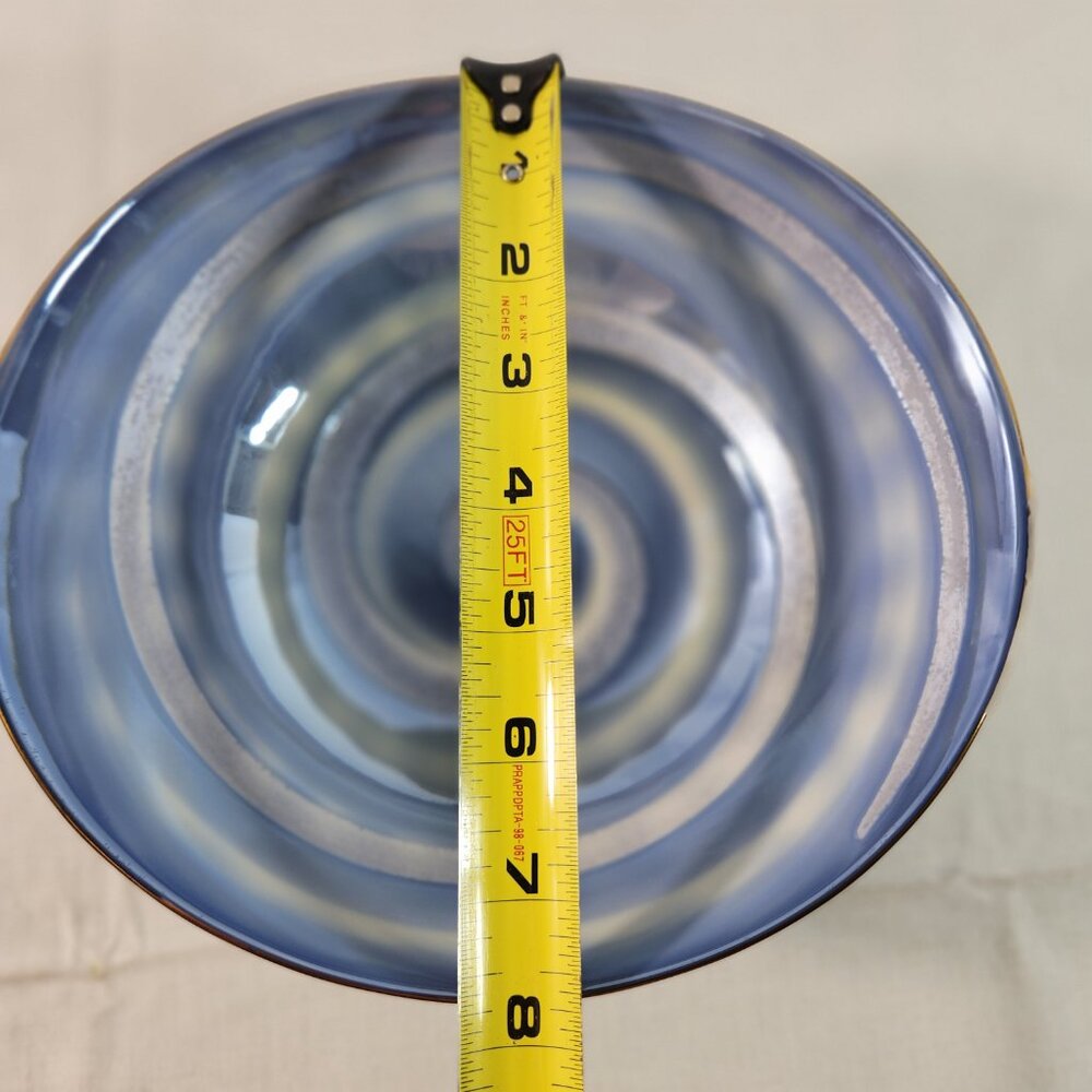 Japanese Ceramic Swirl Bowl Blue White Elongated Edge * Footed Shiny Inner Base - Picture 12 of 16